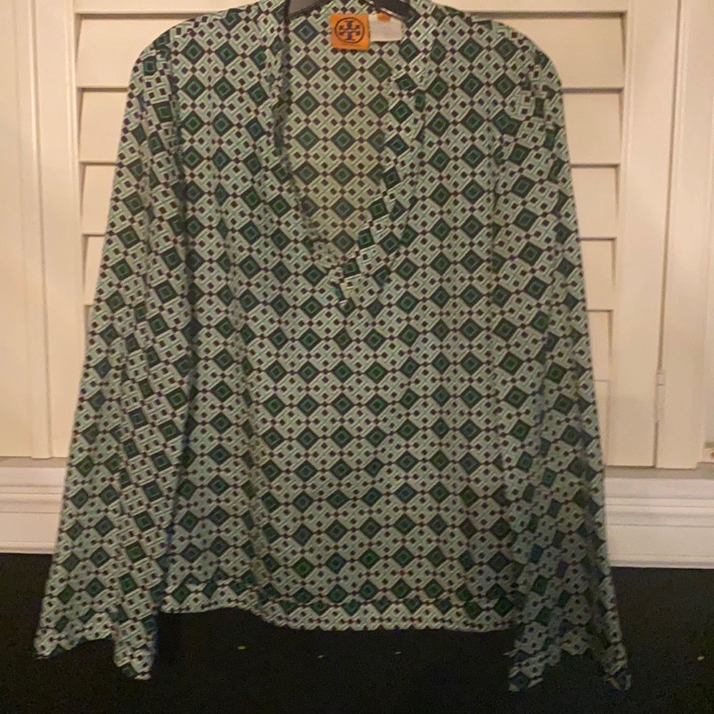 Tory Burch crop tunic logo print blouse side slit size 6 GC - Picture 2 of 16